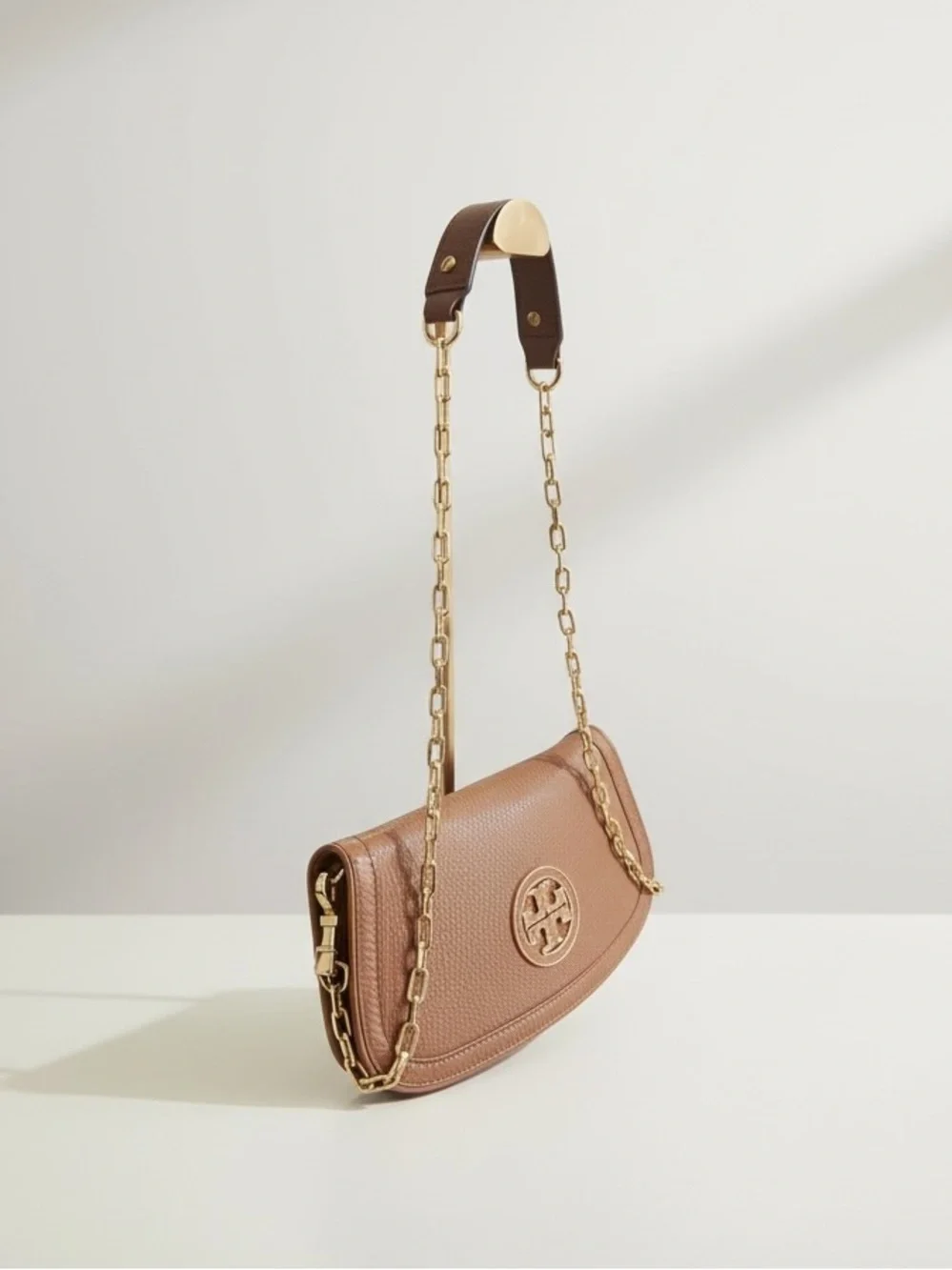 Tory Burch Amanda Taupe Pebbled Leather Chain Shoulder Crossbody Bag